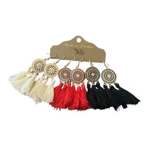 Set of 3 Tassel Earrings – Red, Ivory, and Black | Lightweight & Hypoallergenic